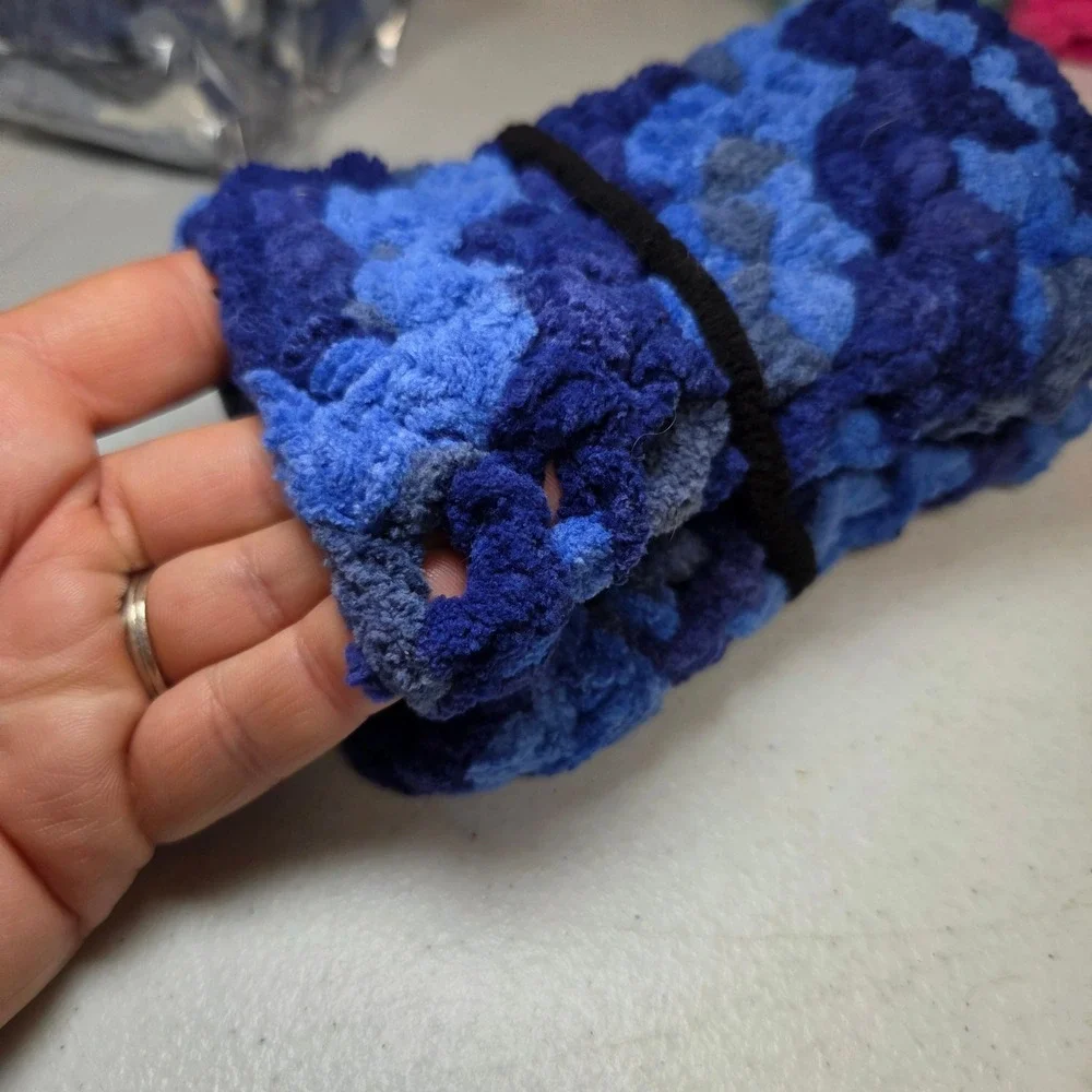 Mollys Trading Post Youth Fingerless Gloves Blue Crochet Chenille Soft Yarn